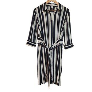 Chicos Womens Striped Midi Shirt Dress Size 1 US 8/10 Black & White Belted Butto